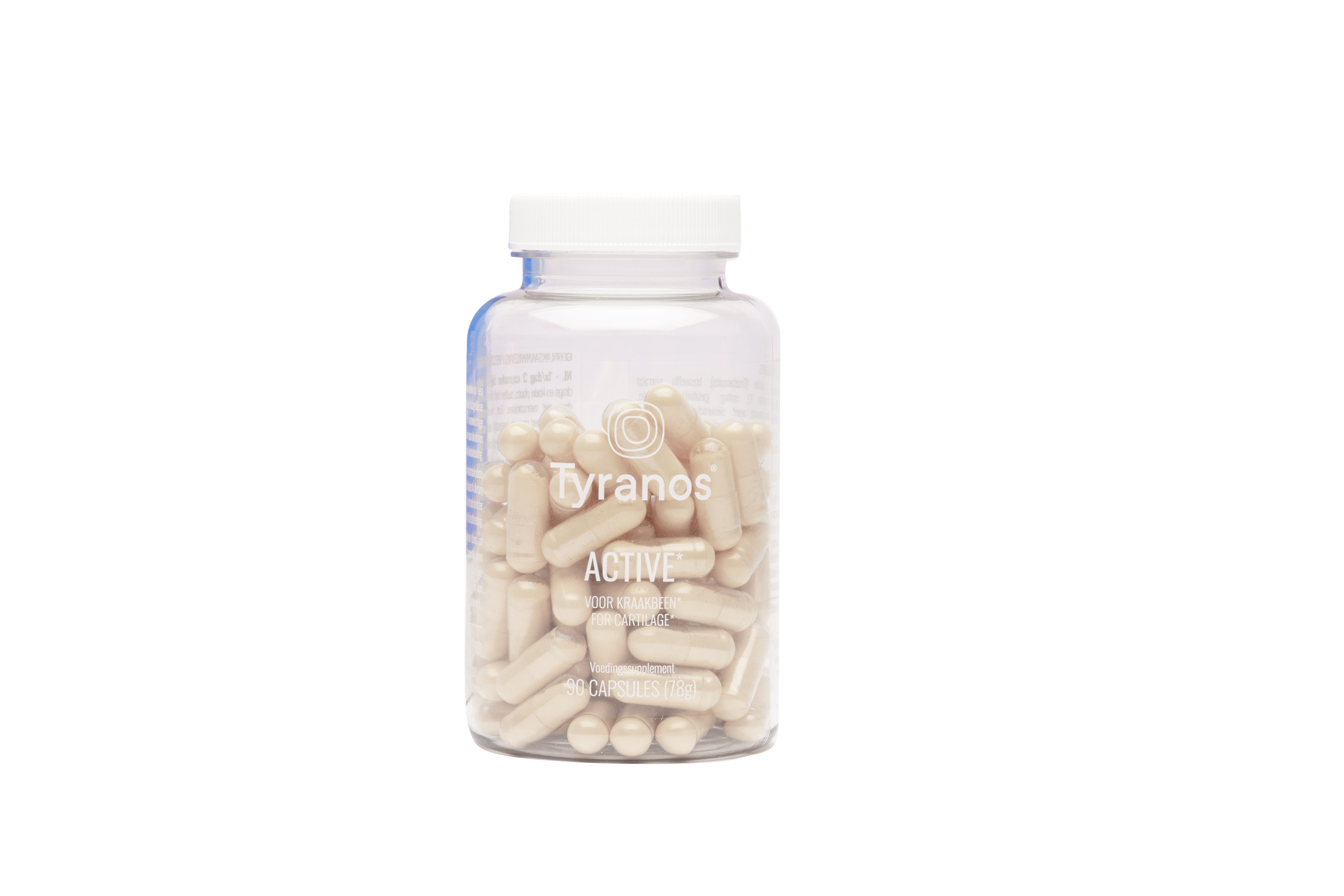 Transparante fles met witte capsules. Opschrift: Tyranos Active. Witte dop.