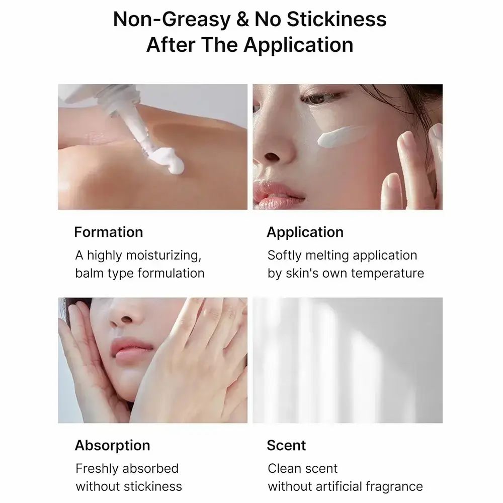 Quatre images montrent l'application. Formulation crème, application, absorption et parfum. Non collant.