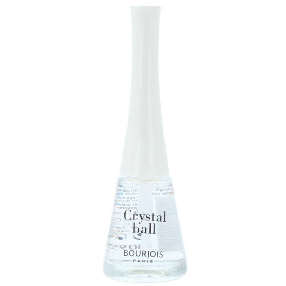 Flacon de vernis à ongles avec bouchon blanc. Inscription 'Crystal ball' et 'Bourjois'.