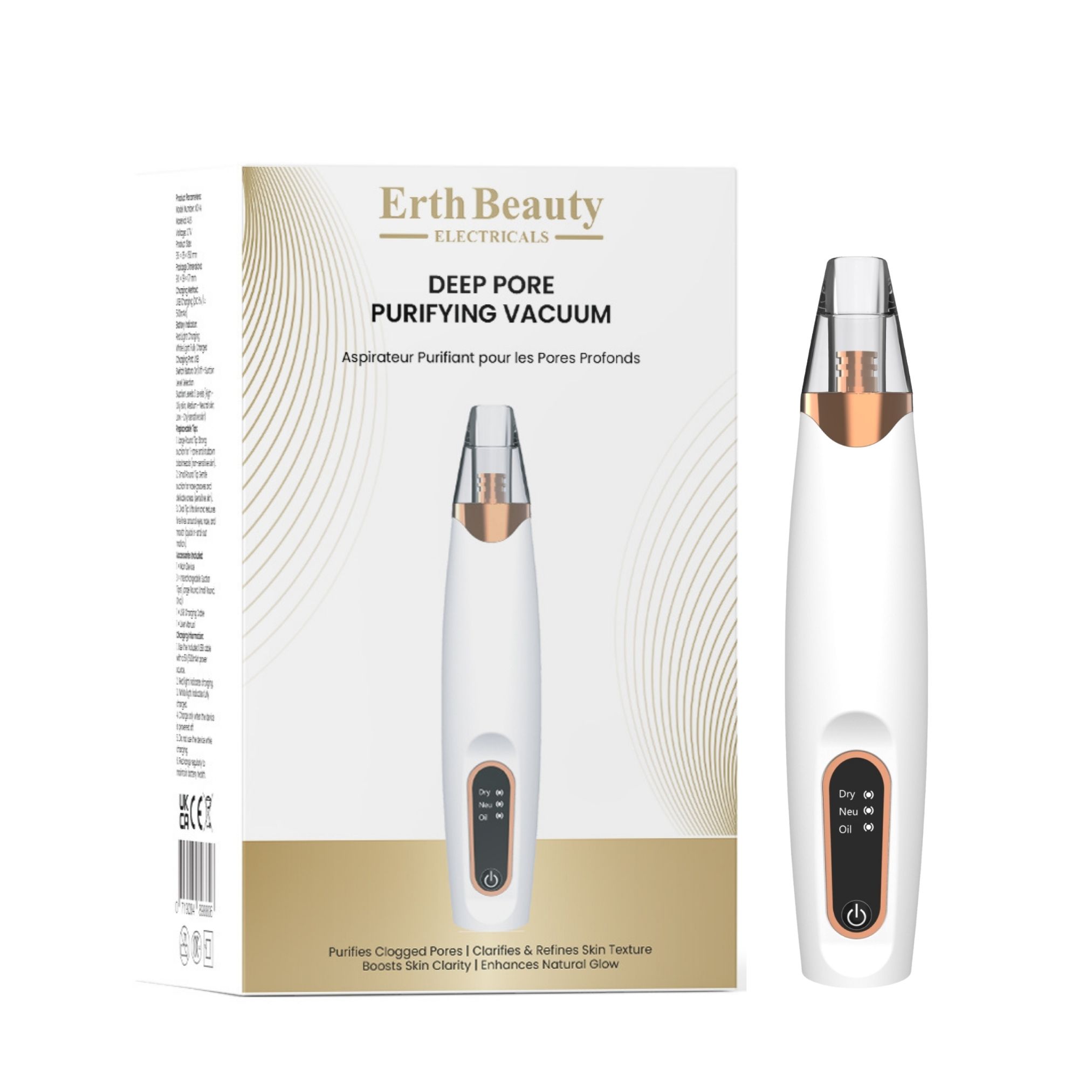 Apparaat en verpakking. Wit apparaat met gouden accenten. Verpakking met tekst: Erth Beauty Deep Pore Purifying Vacuum.