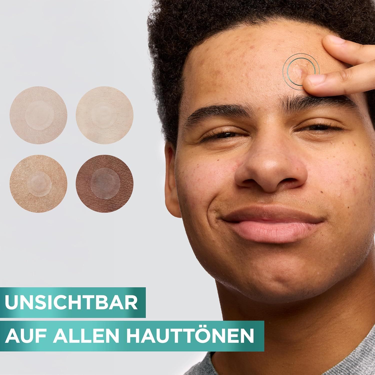Homme avec peau. Quatre patchs ronds colorés. Texte: 'Invisible sur tous les tons de peau'.