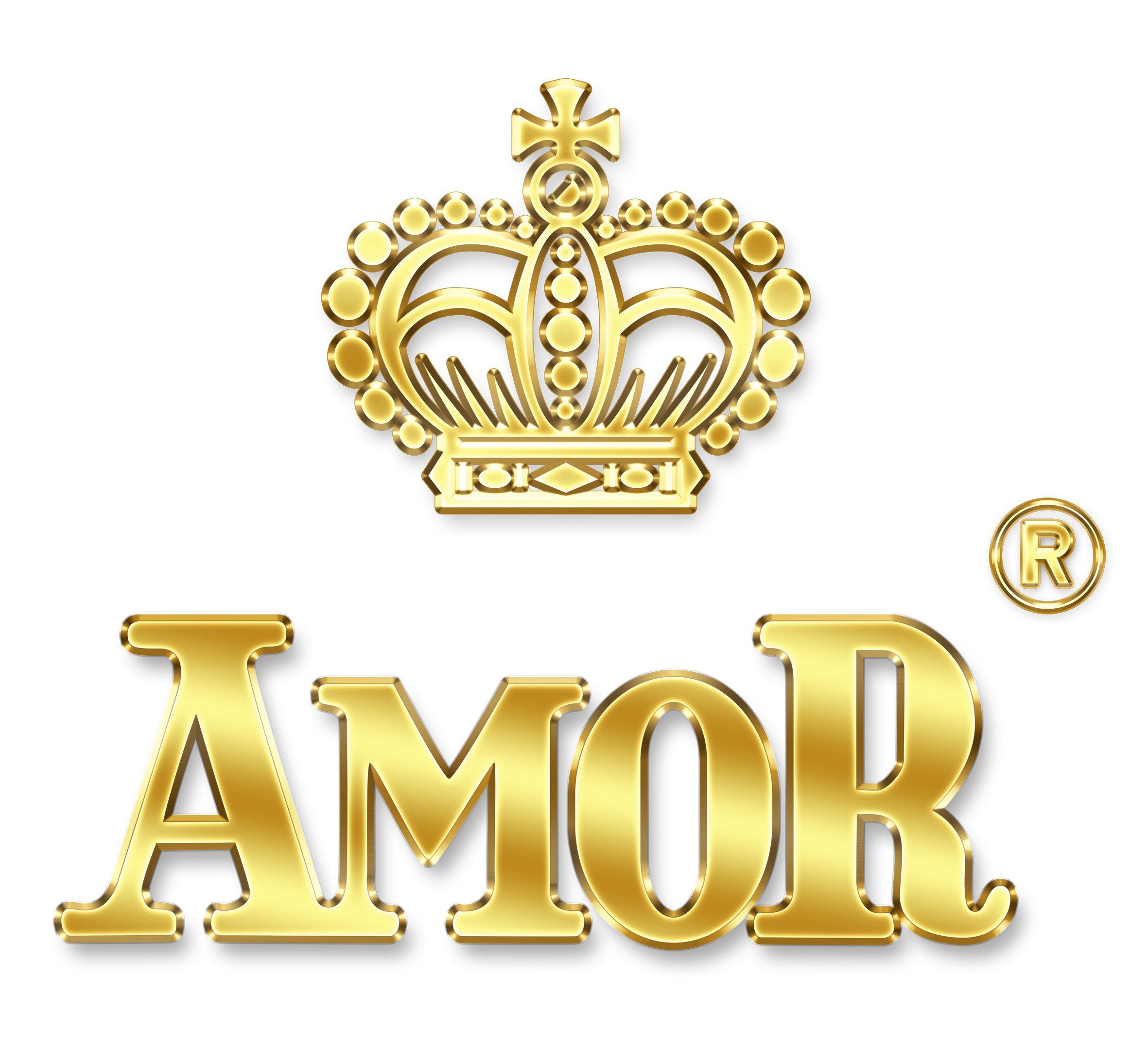 Couronne dorée au-dessus de l'inscription dorée AMOR, avec un petit symbole R.