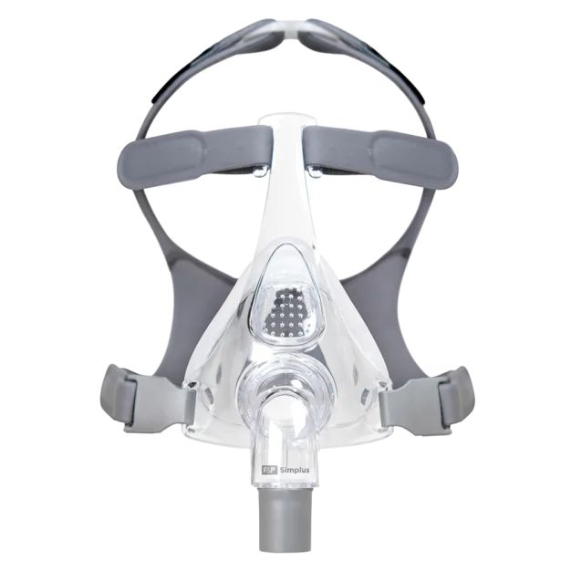 CPAP-masker met hoofdband en transparant kussen, vooraanzicht.