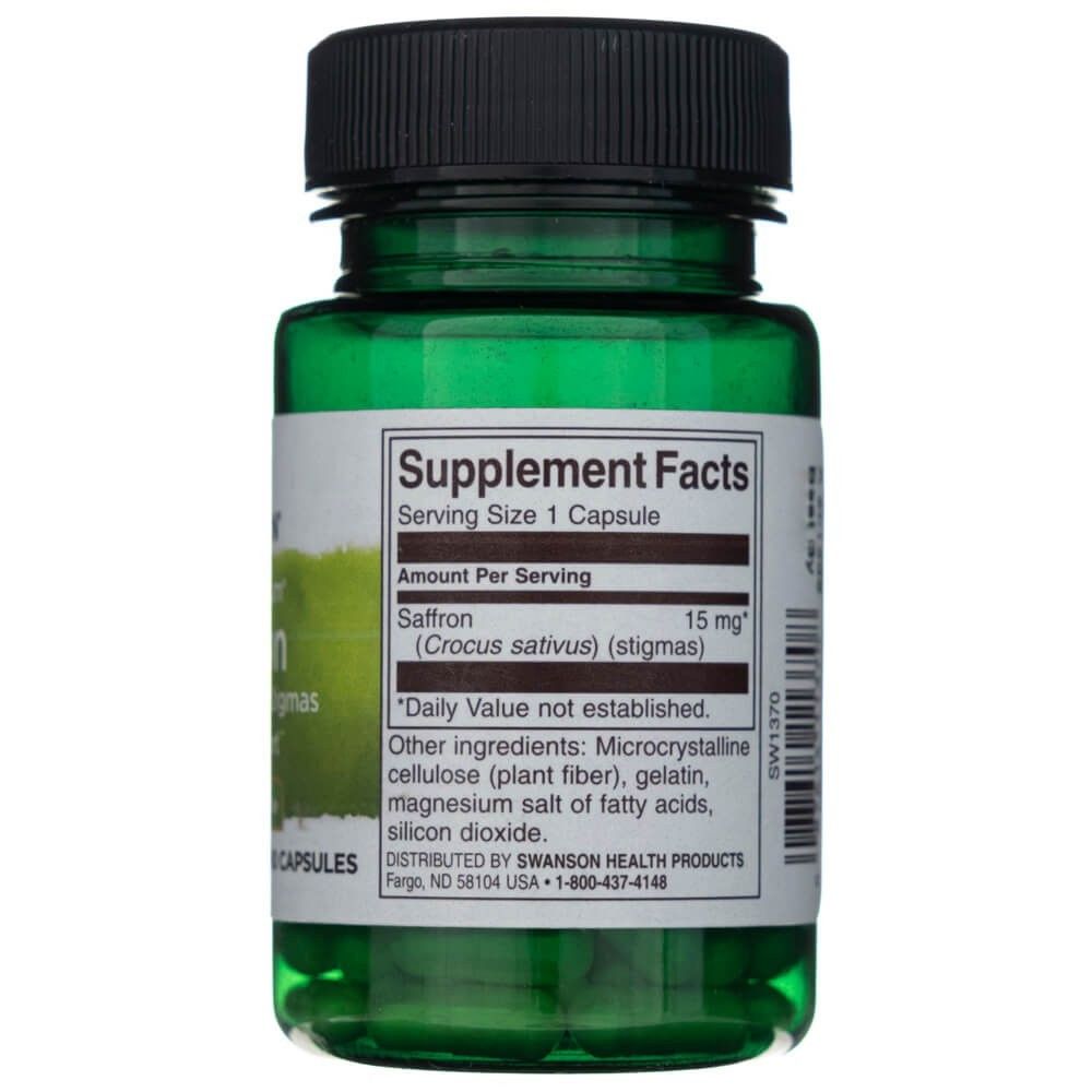 Arrière de la bouteille SWANSON Safran 15mg avec informations nutritionnelles et ingrédients.