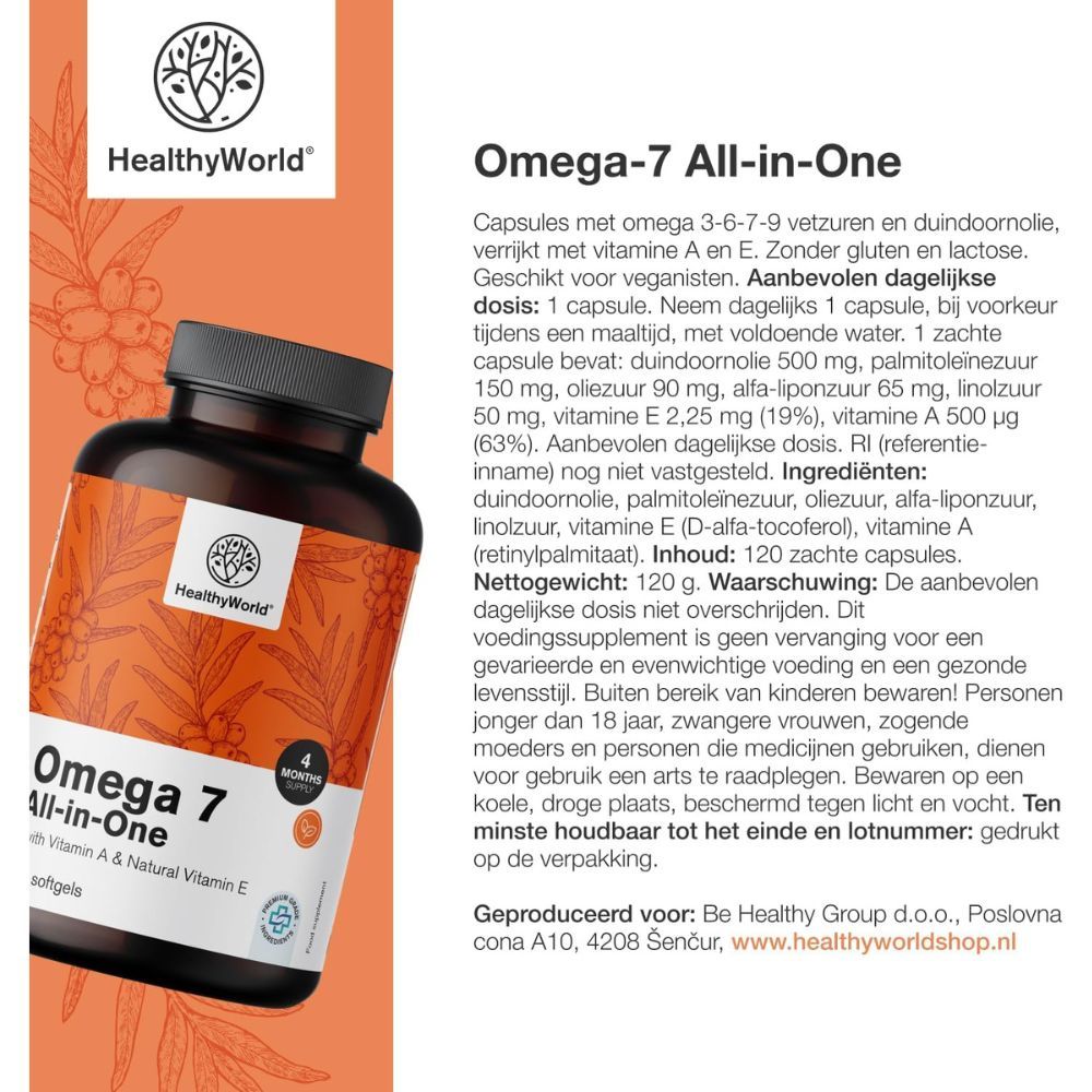 Bruine fles Omega-7 All-in-One. Productinformatie en ingrediënten.
