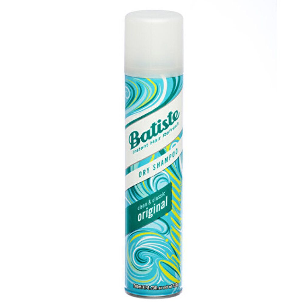 Bombe cylindrique avec bouchon blanc. Inscription: Batiste Dry Shampoo, Original. Motif turquoise et jaune. Texte multilingue.