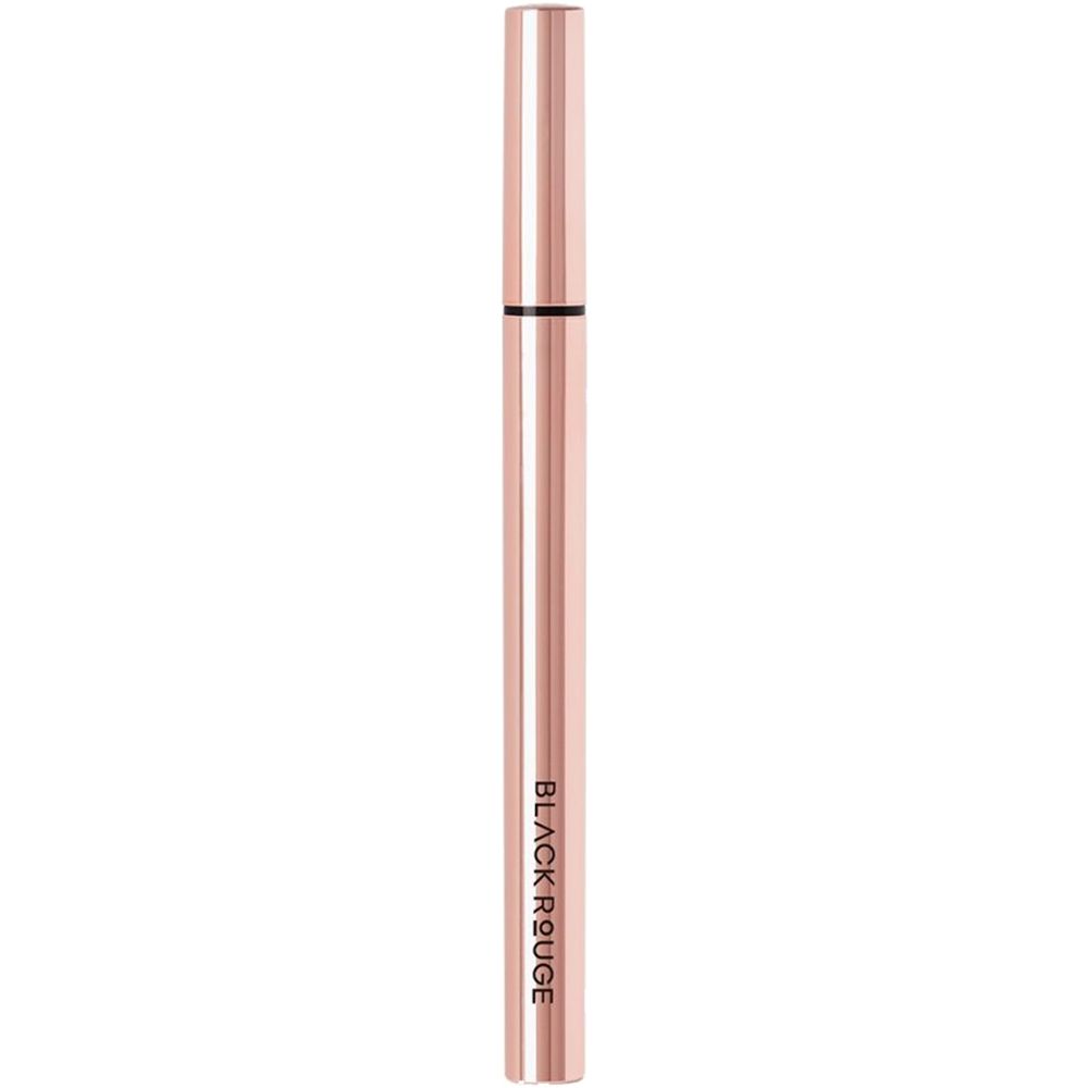 Zwarte eyeliner pen met roségouden behuizing. Slanke, cilindrische vorm. Merknaam zichtbaar op de pen.