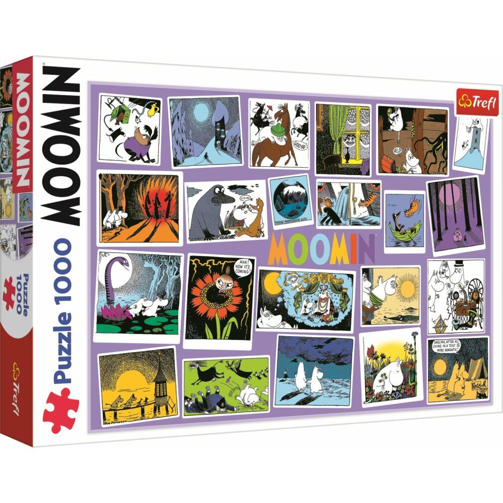 Puzzeldoos met Moomin-motieven. Afbeeldingen van scènes uit de Moomin-wereld. Merk Trefl. Puzzel van 1000 stukjes.