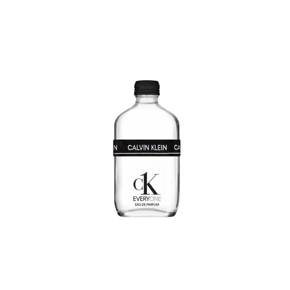 Flacon transparent avec bouchon noir et bande CALVIN KLEIN. Inscription: ck EVERYONE Eau de Parfum.