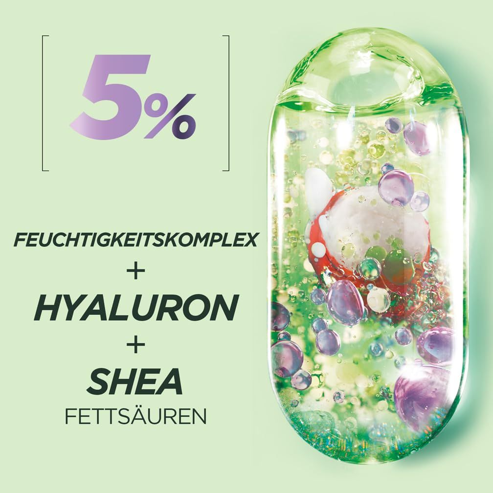 Illustration des ingrédients: Complexe hydratant, Hyaluron, Acides gras de karité. Texte: 5%.