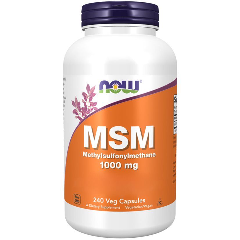 Flacon blanc, bouchon violet. Étiquette: NOW, MSM, 1000 mg, 240 Veg Capsules.