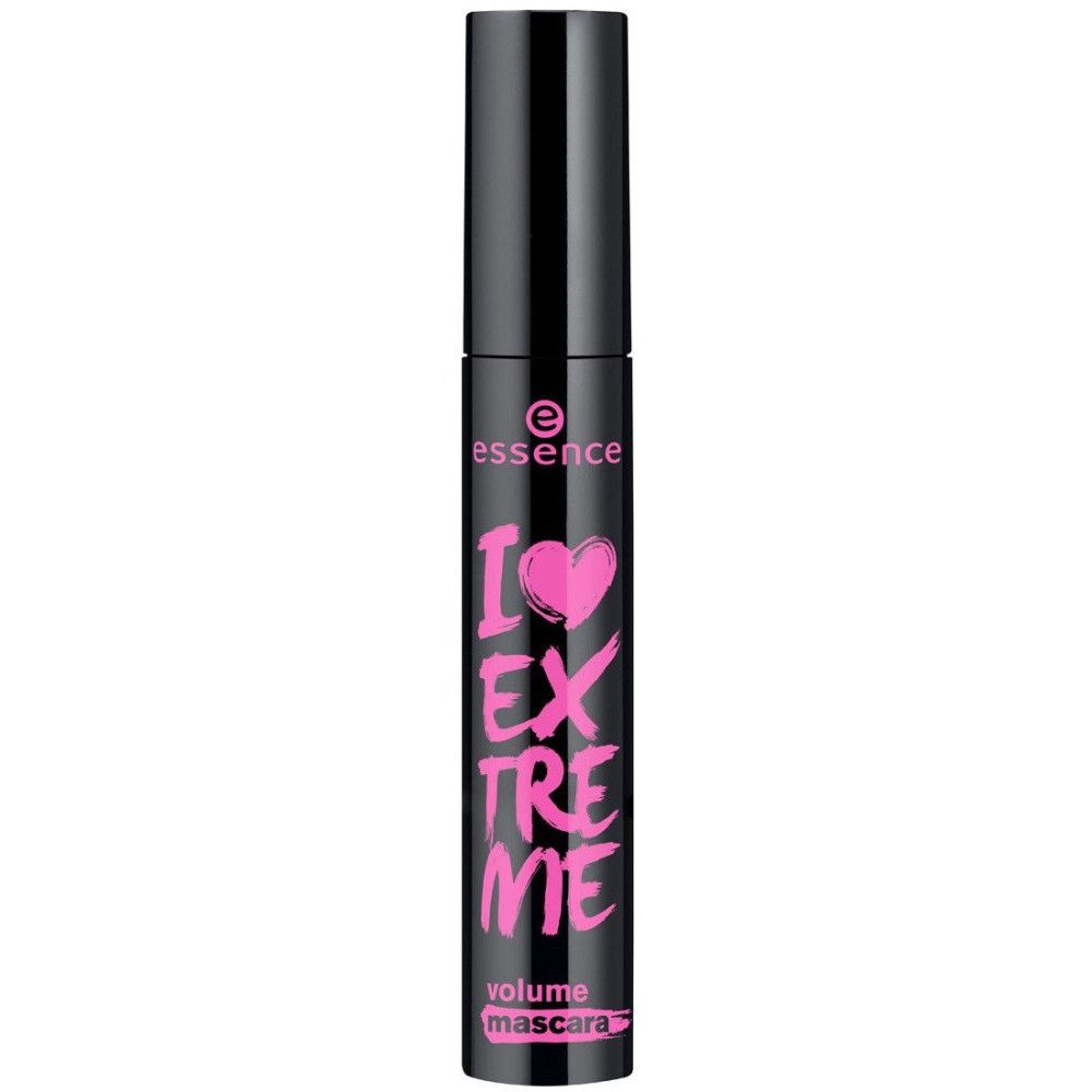 Tube de mascara noir avec inscription rose "I Love Extreme Volume Mascara". Marque : Essence. Bouchon noir.