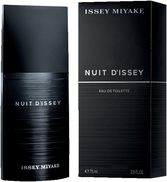 Flacon et boîte noirs. Inscription: Nuit d'Issey, Eau de Toilette. Marque: Issey Miyake. 75 ml.