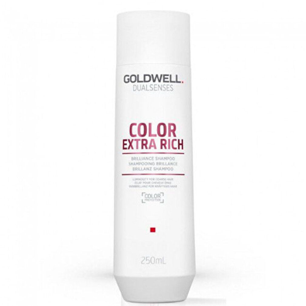 Flacon cylindrique blanc. Inscription: GOLDWELL DUALSENSES COLOR EXTRA RICH. 250ml. Pour cheveux colorés.