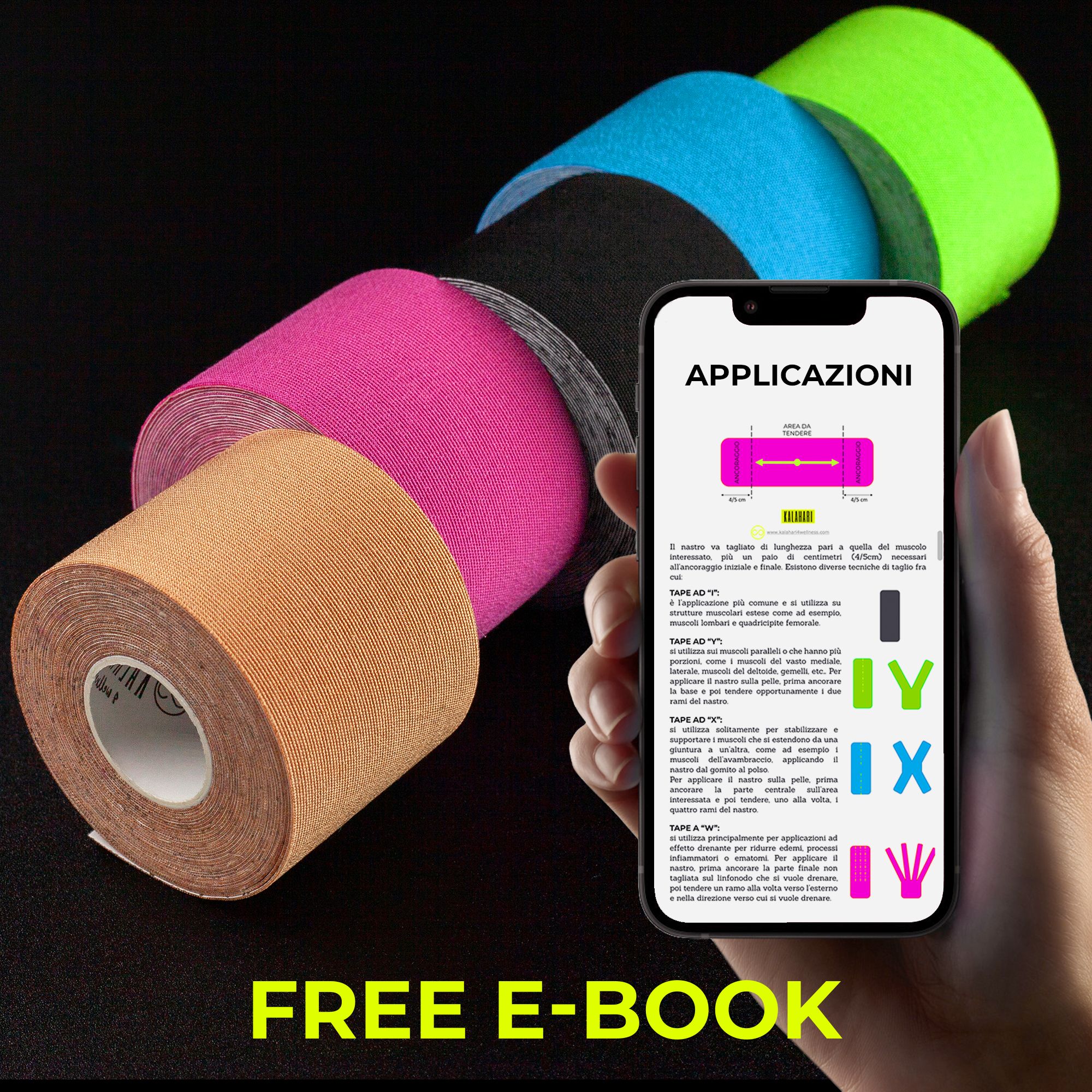 Rouleaux de Kinesio Tape de différentes couleurs. E-book gratuit avec instructions.