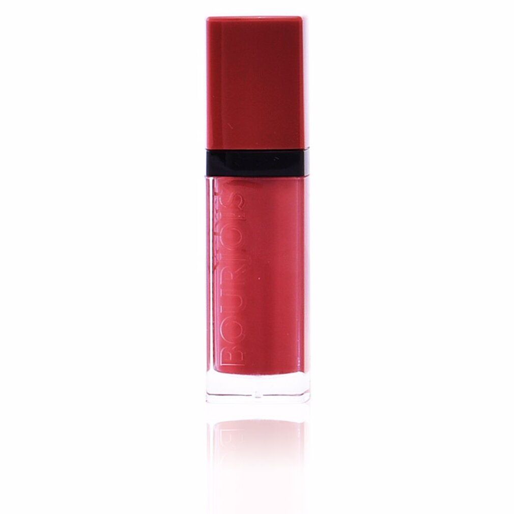 Lipstick in een rechthoekige, transparante huls met rode dop. Opschrift Bourjois. Productweergave.