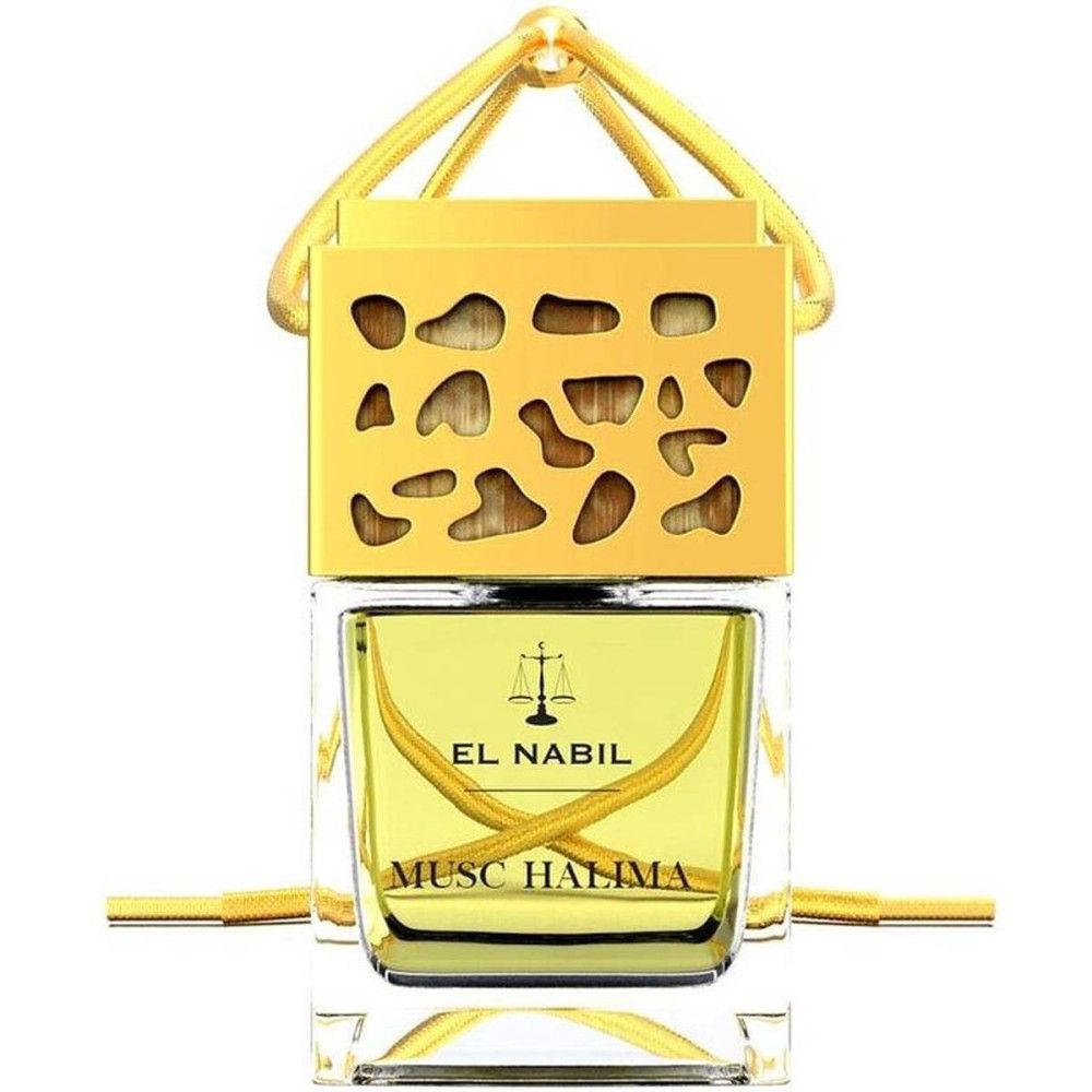 Parfum Voiture Musc Halima. Vierkante glazen fles met gouden dop. Opschrift: EL NABIL, MUSC HALIMA.