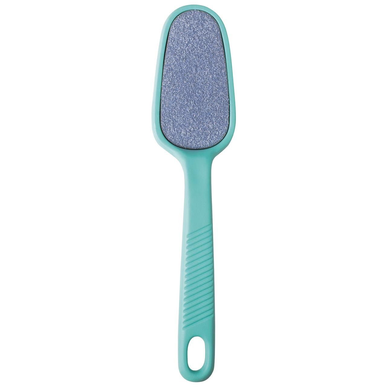 Turquoise voetvijl met ovaal schuurgedeelte en geribbeld handvat.
