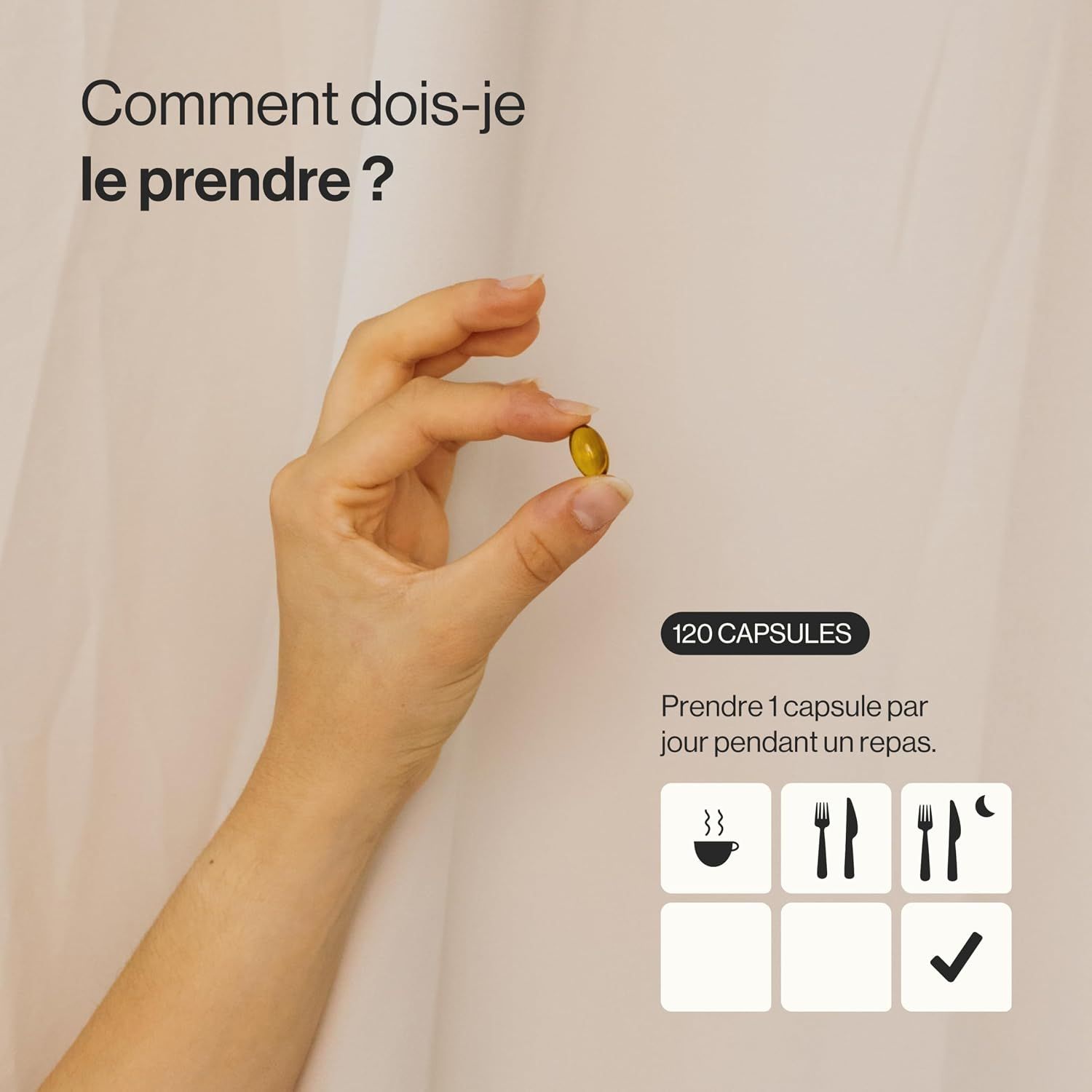 Une main tient une capsule jaune. Des icônes de repas et une liste de contrôle sont à côté.
