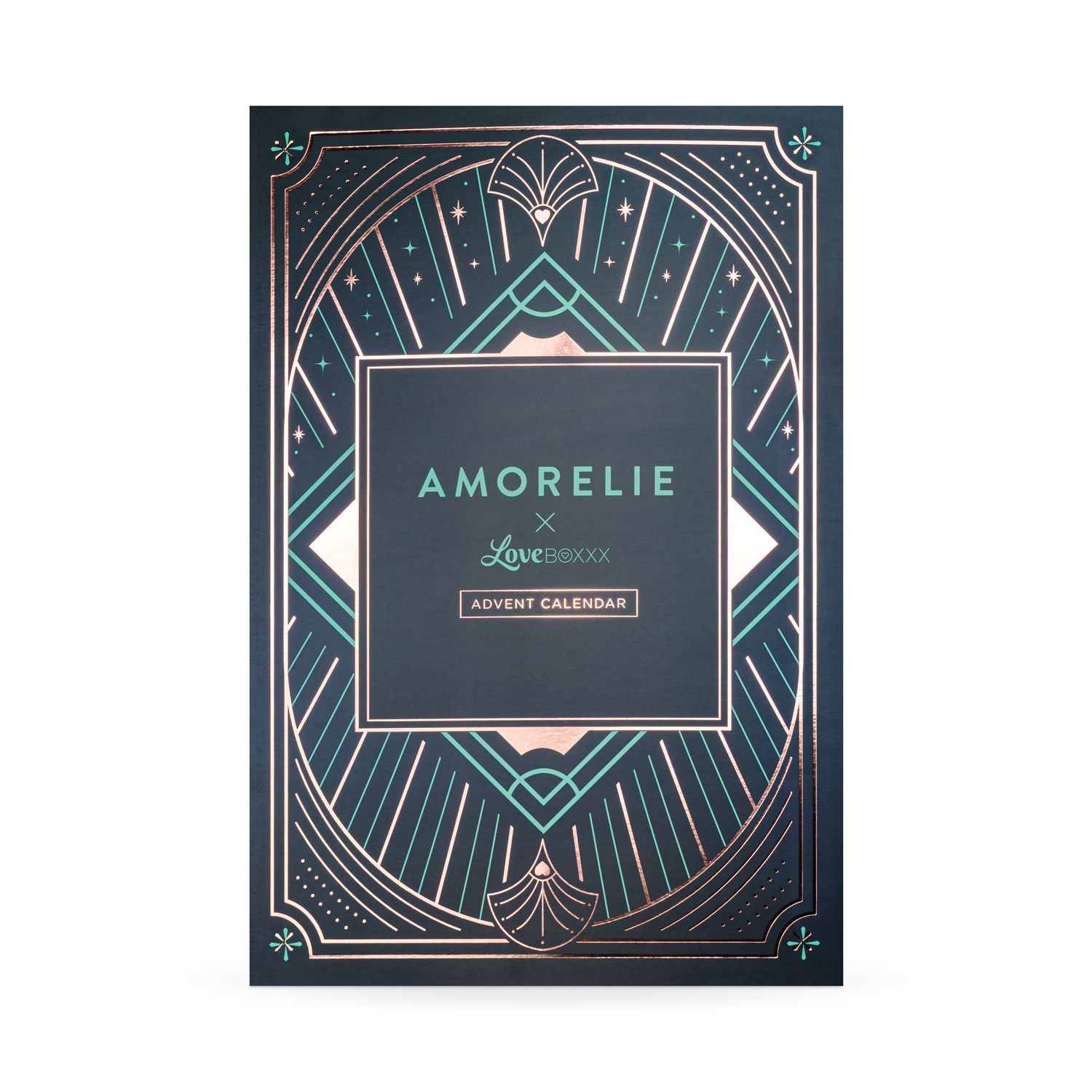 Voorkant van de adventskalender. Rechthoekig ontwerp met geometrische patronen en het AMORELIE x Loveboxxx logo.