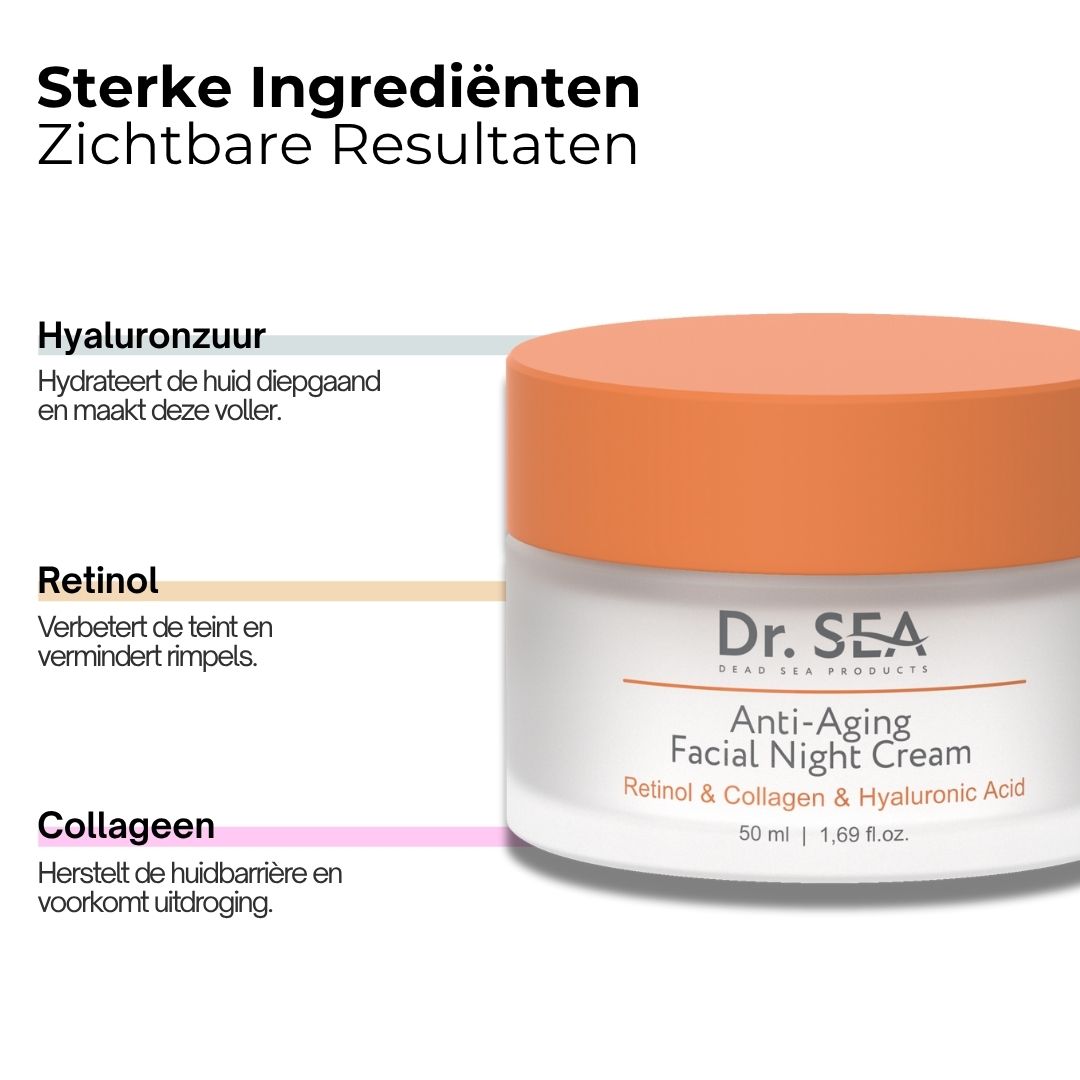Product met tekst. Anti-Aging Nachtcrème. Retinol & Collageen & Hyaluronzuur. 50 ml. Crèmepot.