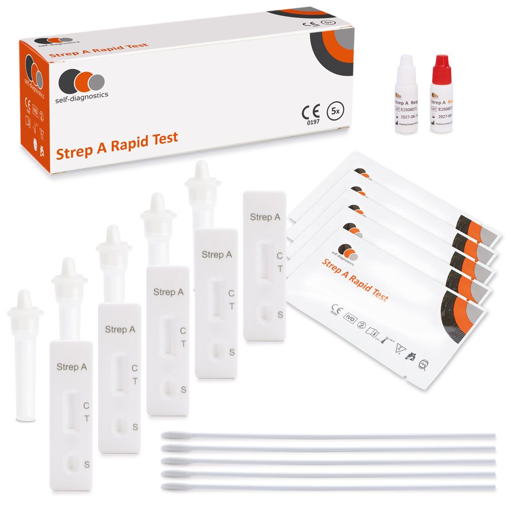 Strep A-testkit. Bevat teststrips, flesjes, swabs en instructies. Verpakking met logo.