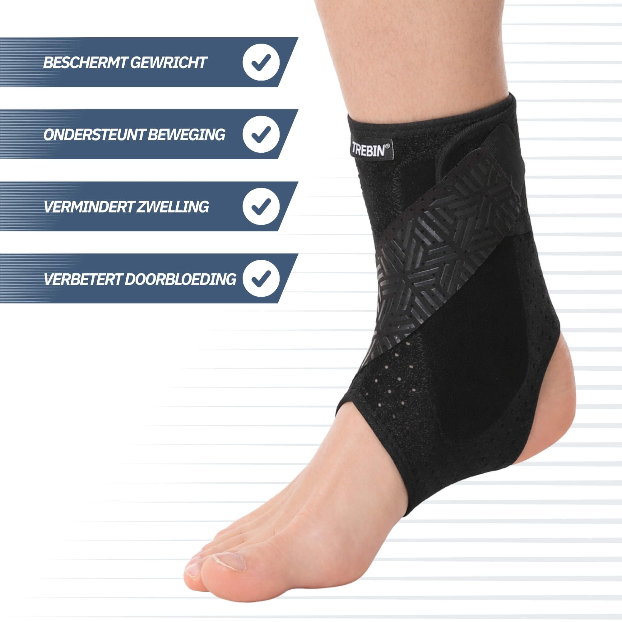 Bandage de cheville noir avec motif géométrique et fermetures velcro latérales.