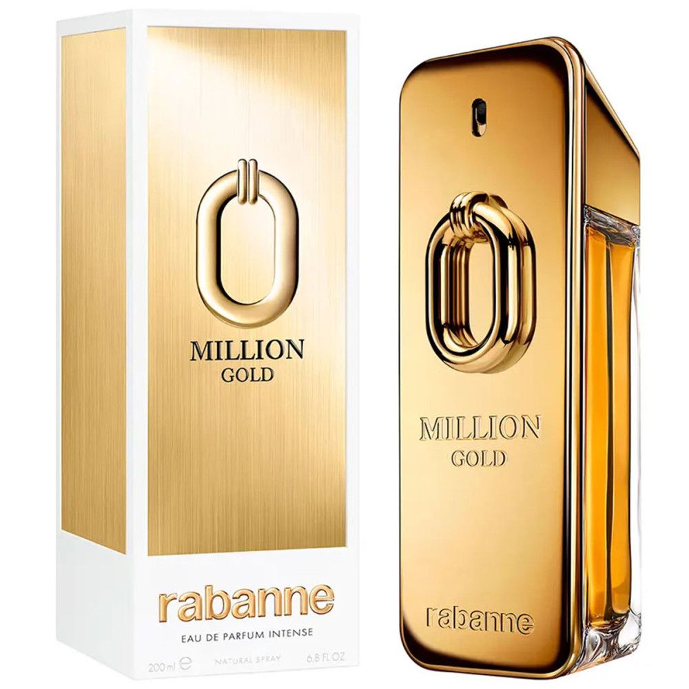 Gouden fles en verpakking met "MILLION GOLD" en "rabanne". Rechthoekige vorm.