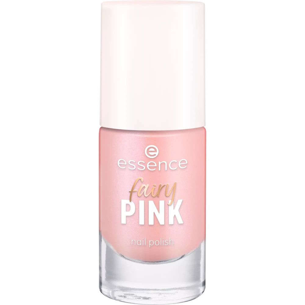 Roze nagellakfles met witte dop. Opschrift: essence fairy PINK nail polish.