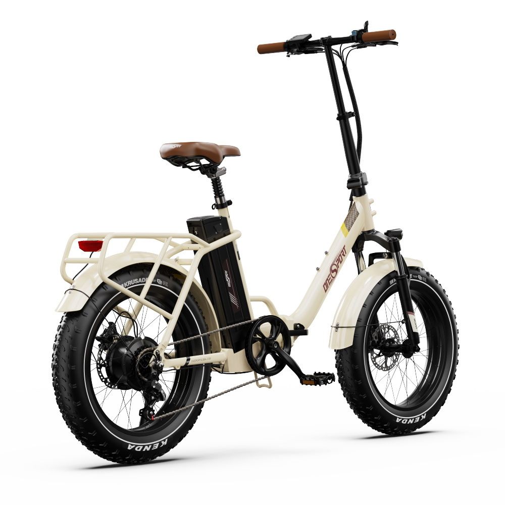 E-bike, crème, bruin zadel, zwarte banden. Merk ONESPORT. Met bagagedrager en accu.