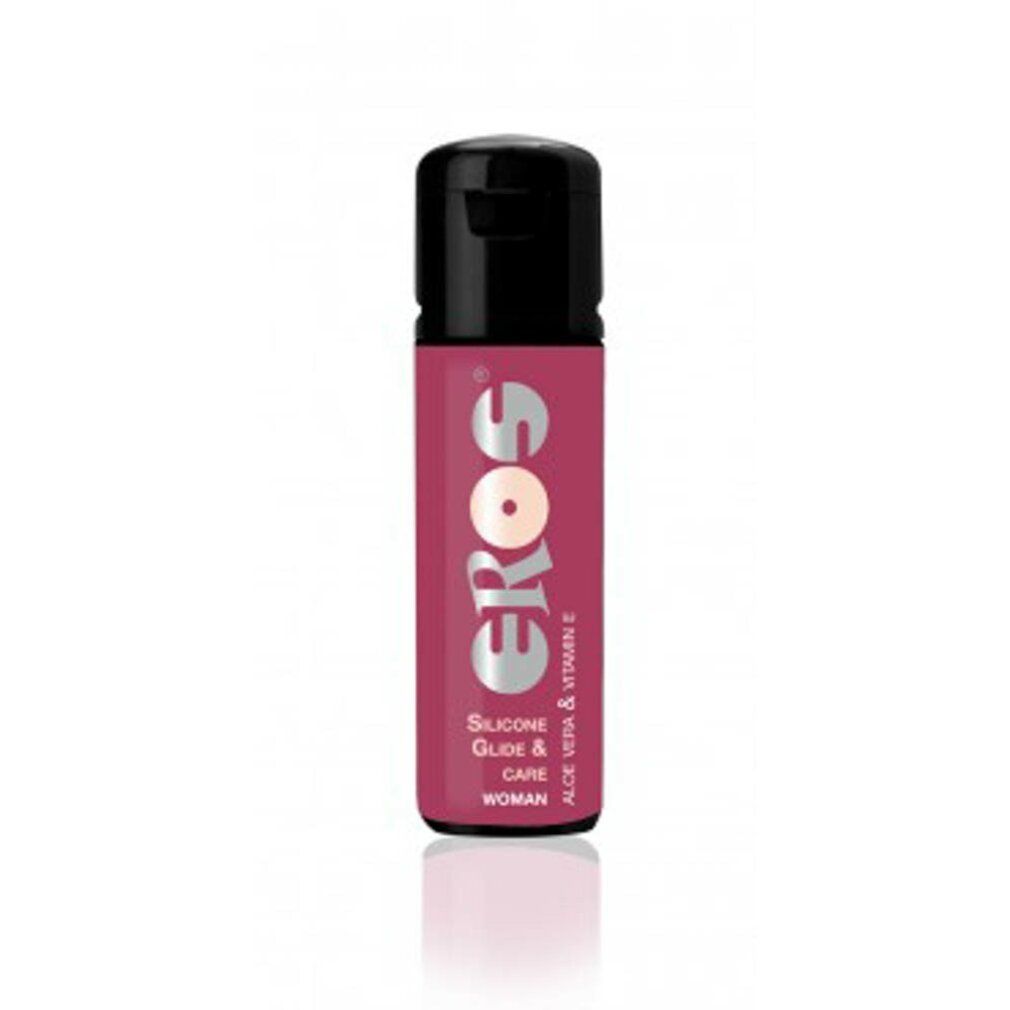 Flacon avec bouchon noir et étiquette rouge. Inscription : EROS, Silicone Glide & Care, Woman. Contient de l'Aloe Vera & de la vitamine E.