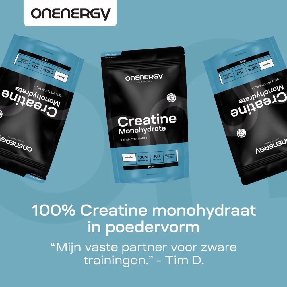 Drie zakken OnEnergy Creatine Monohydrate. Tekst: 100% creatine monohydraat in poedervorm. Citaat: Tim D.