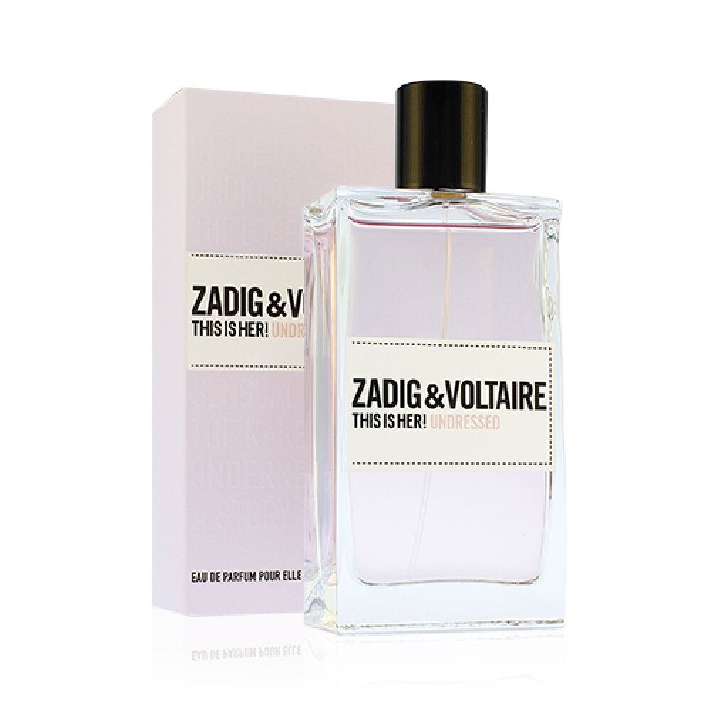 Zadig & Voltaire This Is Her! Undressed Eau de Parfum. Fles met roze vloeistof en zwarte dop. Met verpakking.