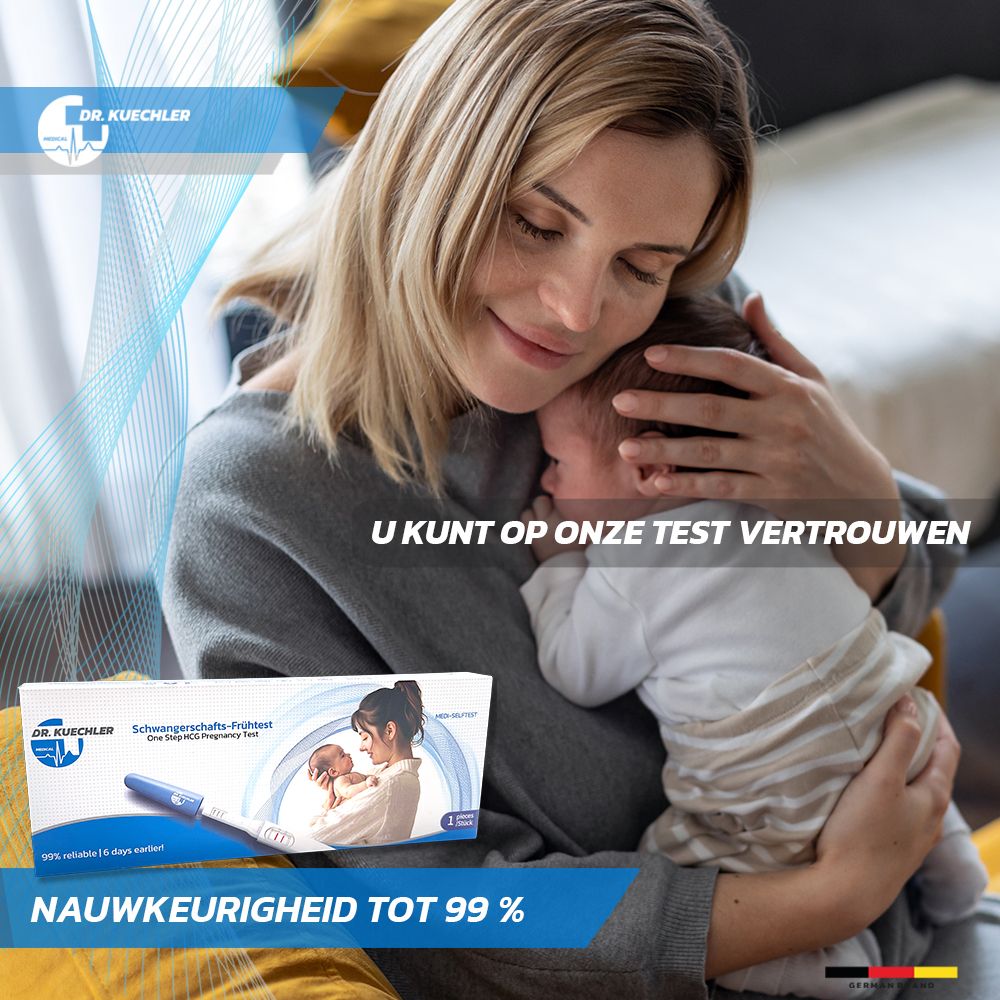 Vrouw met baby, verpakking zwangerschapstest op de voorgrond. "Tot 99% nauwkeurigheid".