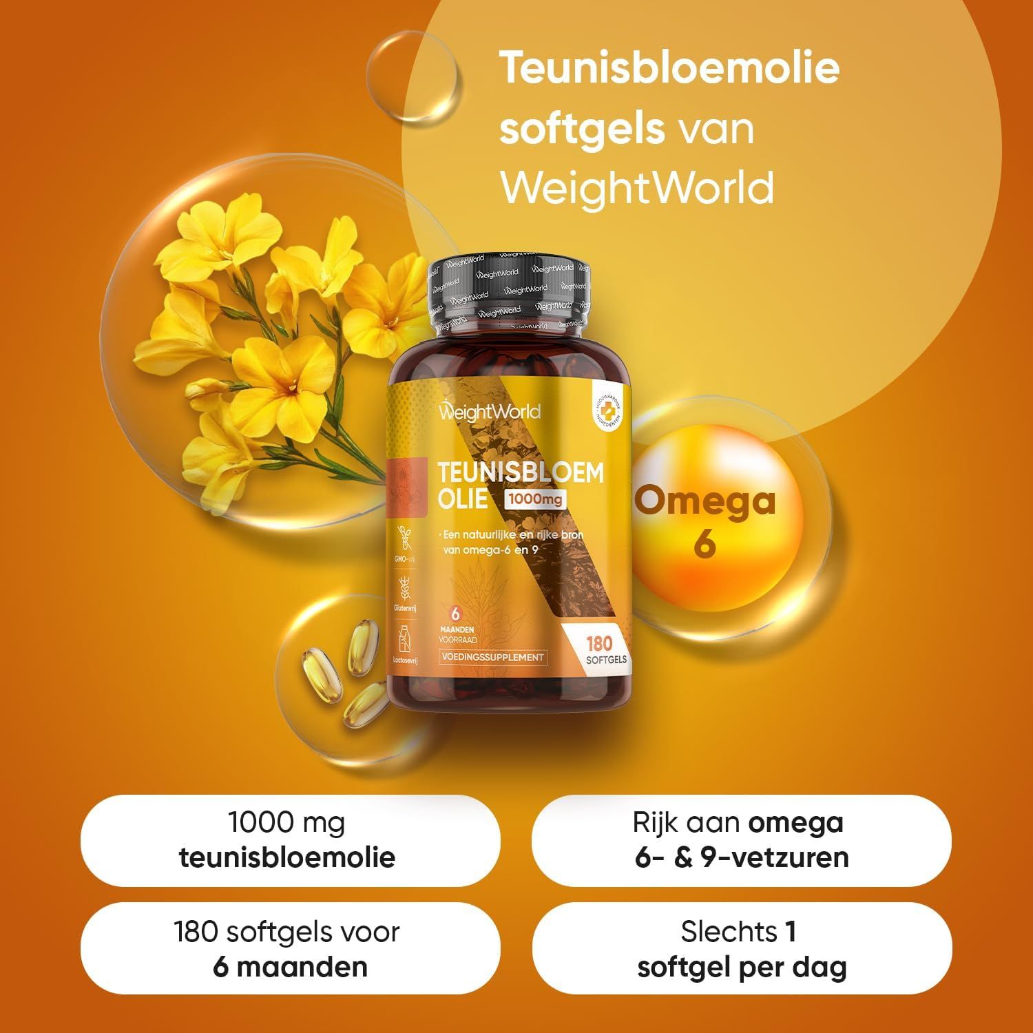 Fles teunisbloemolie met Omega 6 & 9, 1000mg per portie.