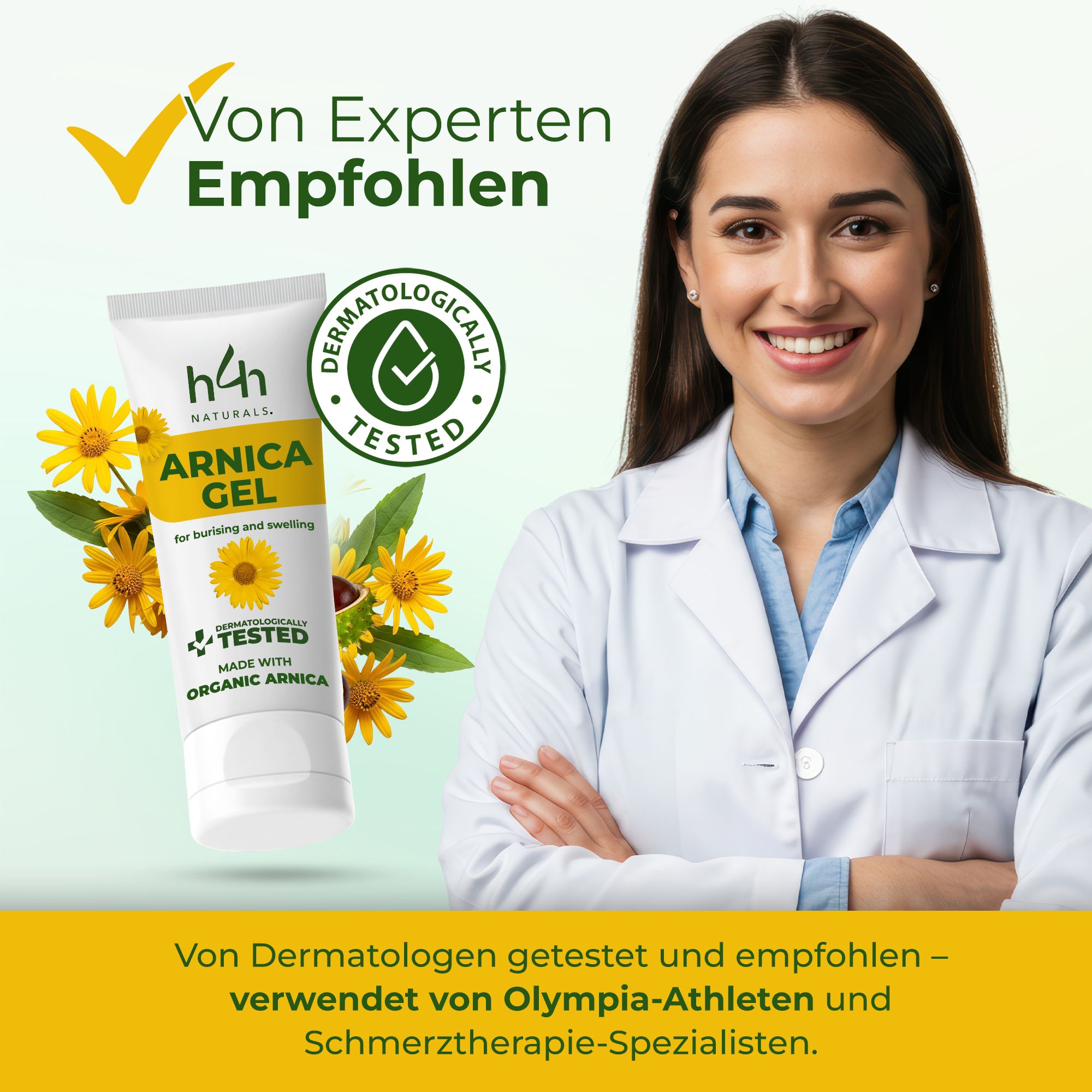 Witte en gele tube Arnika Gel, h4h Naturals. Vrouw in witte jas. Tekst: Aanbevolen door experts, dermatologisch getest.
