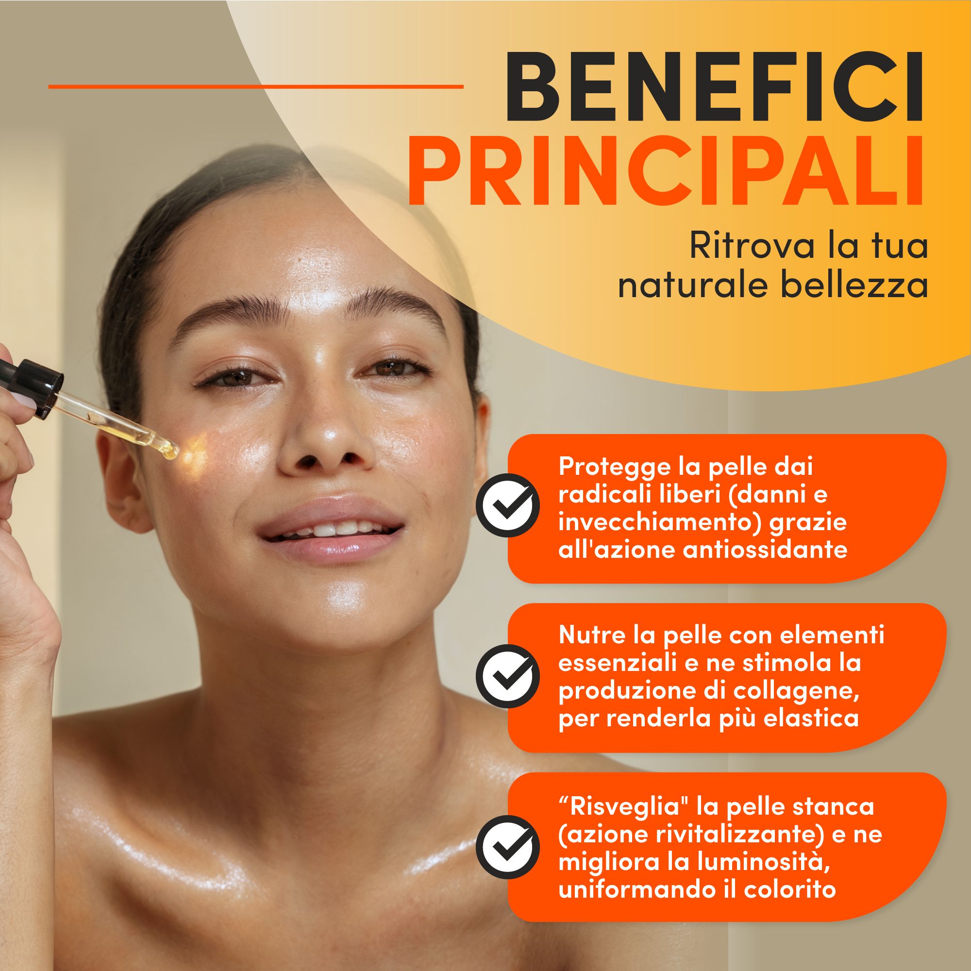 Vrouw met serum op gezicht. Tekst: Beschermt tegen vrije radicalen, voedt de huid, revitaliseert vermoeide huid. Producttoepassing.