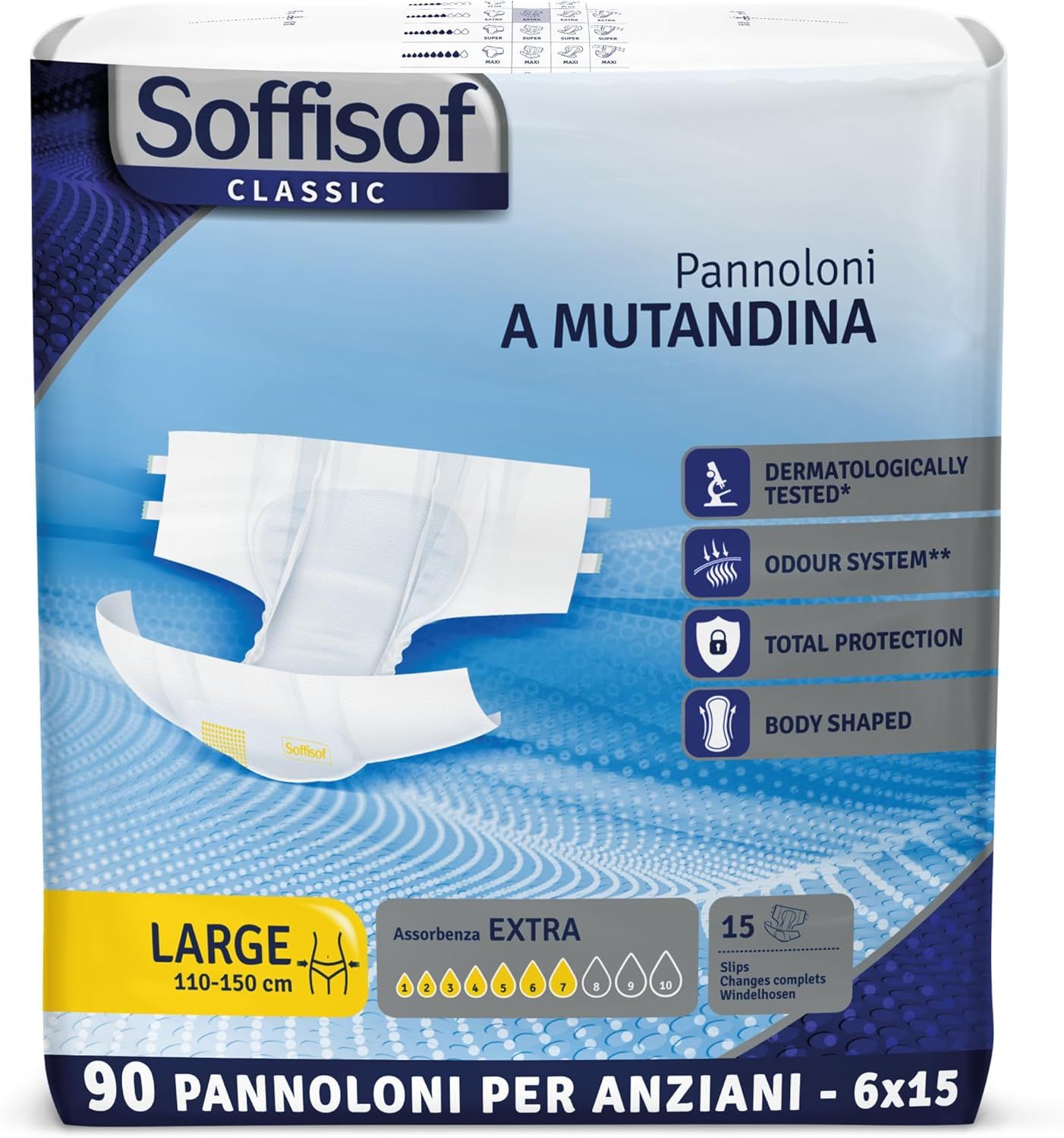 Couches adultes Soffisof Classic Extra. Taille L, 110-150 cm. 90 couches. Testé dermatologiquement, système anti-odeurs, protection totale, forme anatomique.