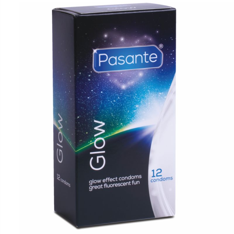 Boîte Pasante Glow. Boîte noire avec 12 préservatifs. Texte : Glow, glow effect condoms, great fluorescent fun.