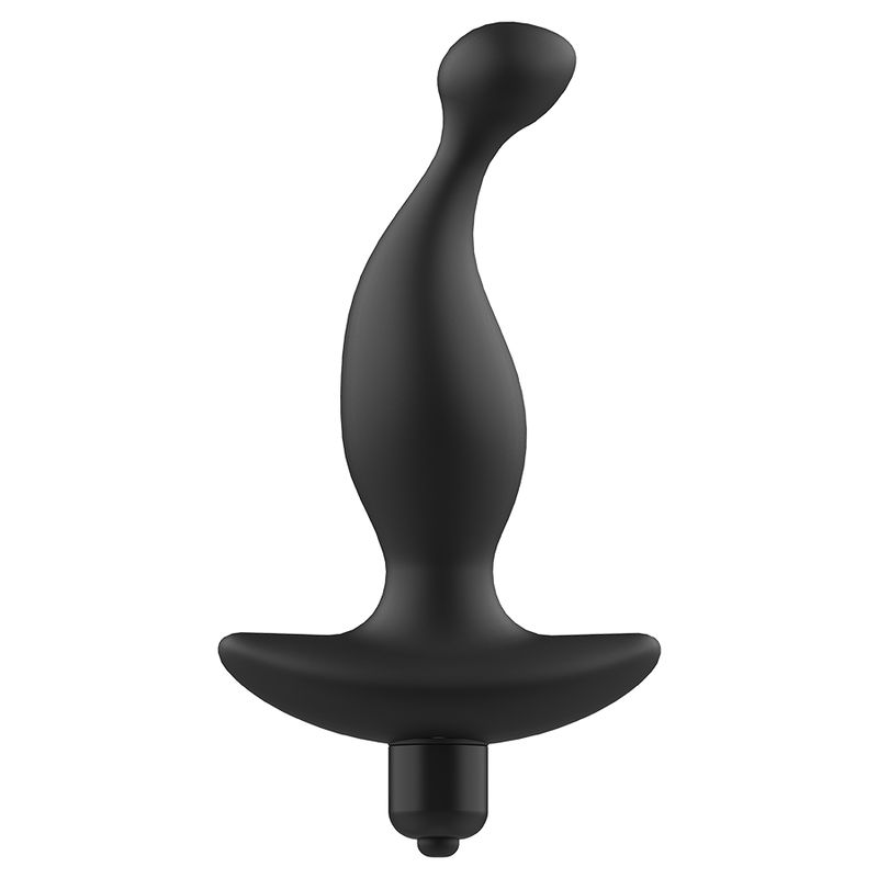 Vibrateur anal noir à forme courbée, base large et extrémité sphérique.