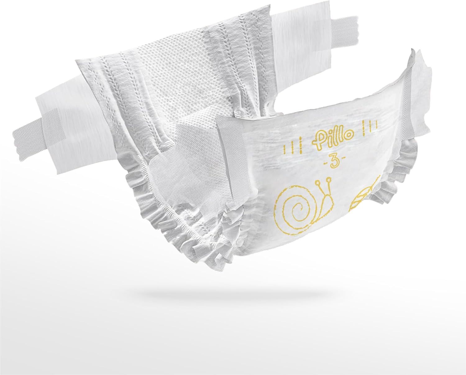 Couche Pillo ouverte, taille 3. Couche blanche avec détails jaunes. Escargot imprimé et texte.