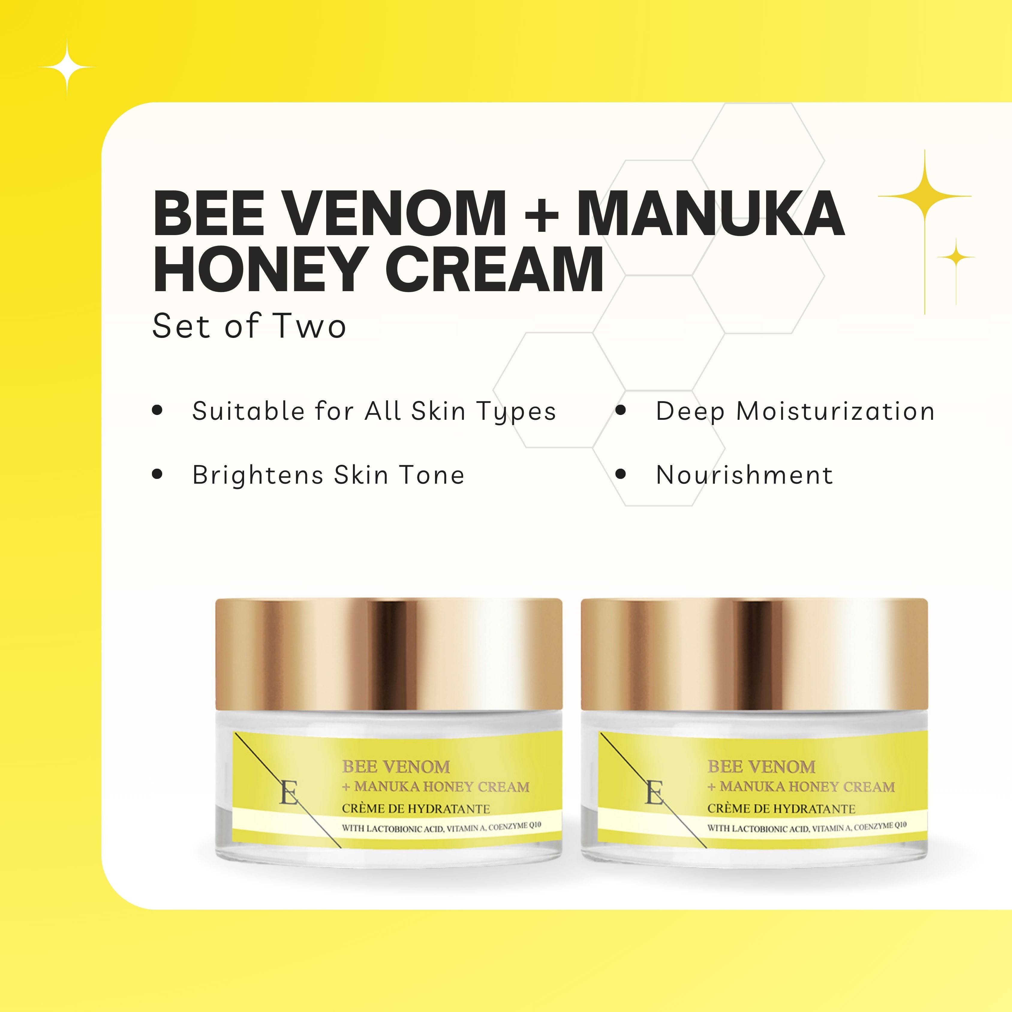 Deux pots de crème avec couvercles dorés. Étiquettes jaunes avec texte: Bee Venom + Manuka Honey Cream. Sur fond jaune.
