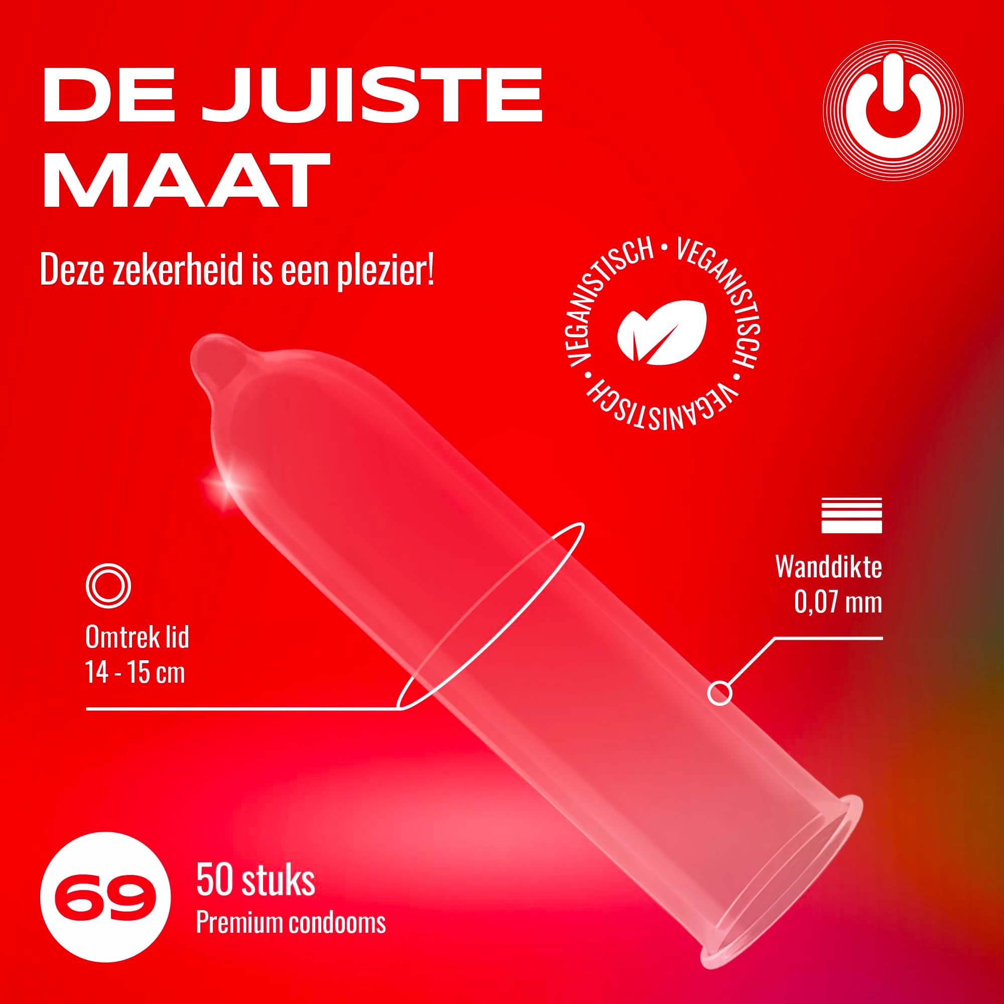 Een transparant condoom met reservoir, maat 69 mm. Tekst: "De juiste maat".