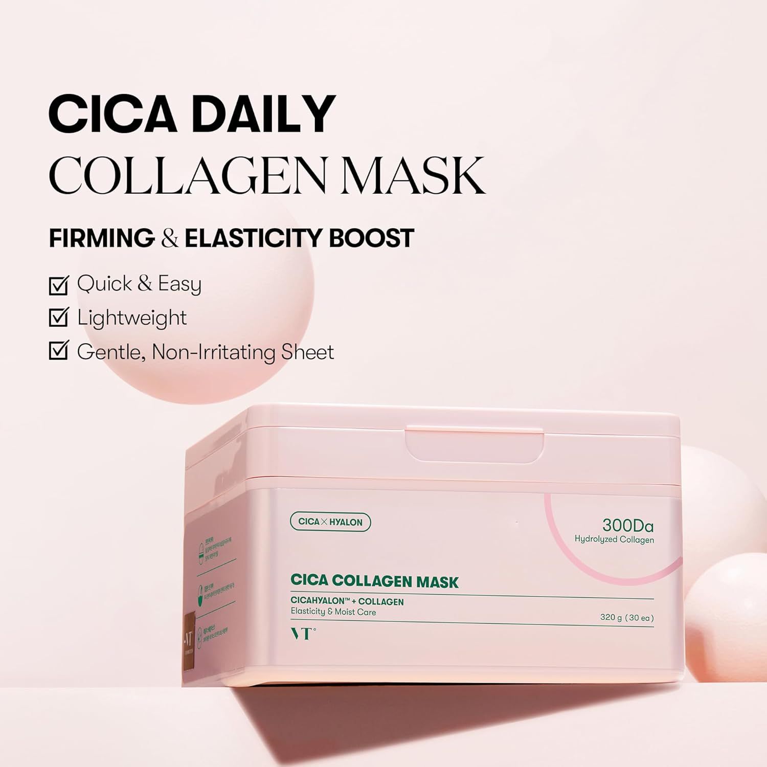 Roze doos met Cica Collagen Mask. Tekst: Cica Daily Collagen Mask, Firming & Elasticity Boost.