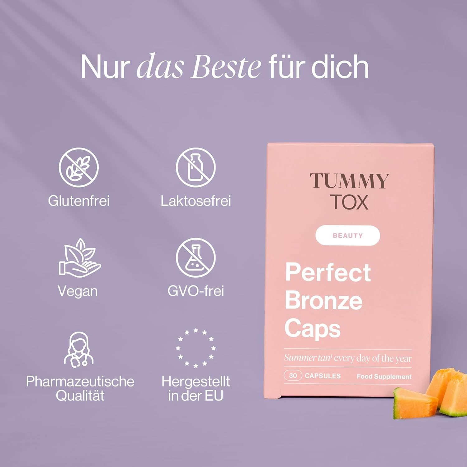 Boîte rose avec 'Tummy Tox Perfect Bronze Caps'. Symboles: Sans gluten, Sans lactose, Végétalien, Sans OGM, Qualité pharmaceutique, Fabriqué en UE.