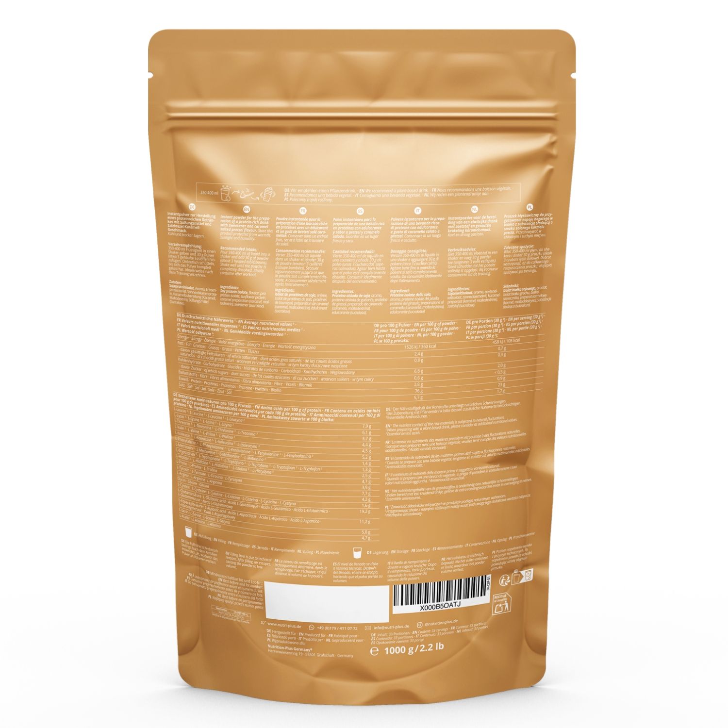 Dos d'une pochette nutri+ dorée 'VEGAN 3K PROTEIN'. Contient informations nutritionnelles et code-barres.