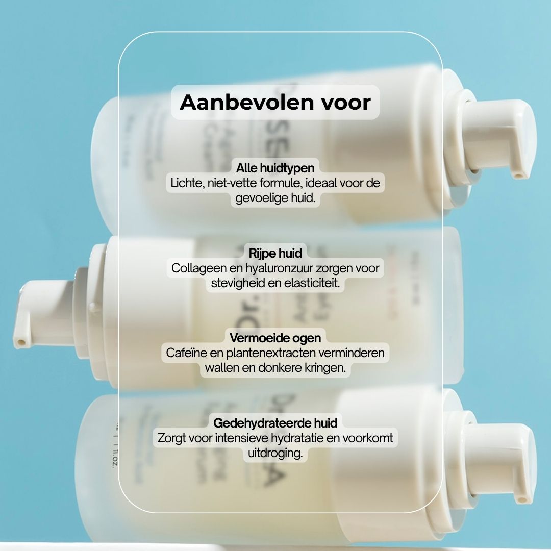 Oogcrèmefles met dispenser. Opschrift: Dr. SEA, Anti-Aging Eye Cream, Glycotensyl & Hyaluronzuur. Tekst ernaast.