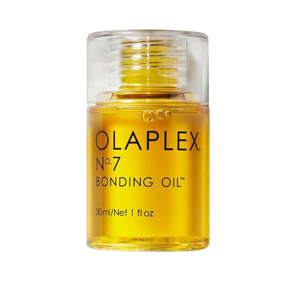 Olaplex Nr. 7 Bonding Oil. Transparante fles met gele olie. Transparante dop. Productnaam en volume-aanduiding.