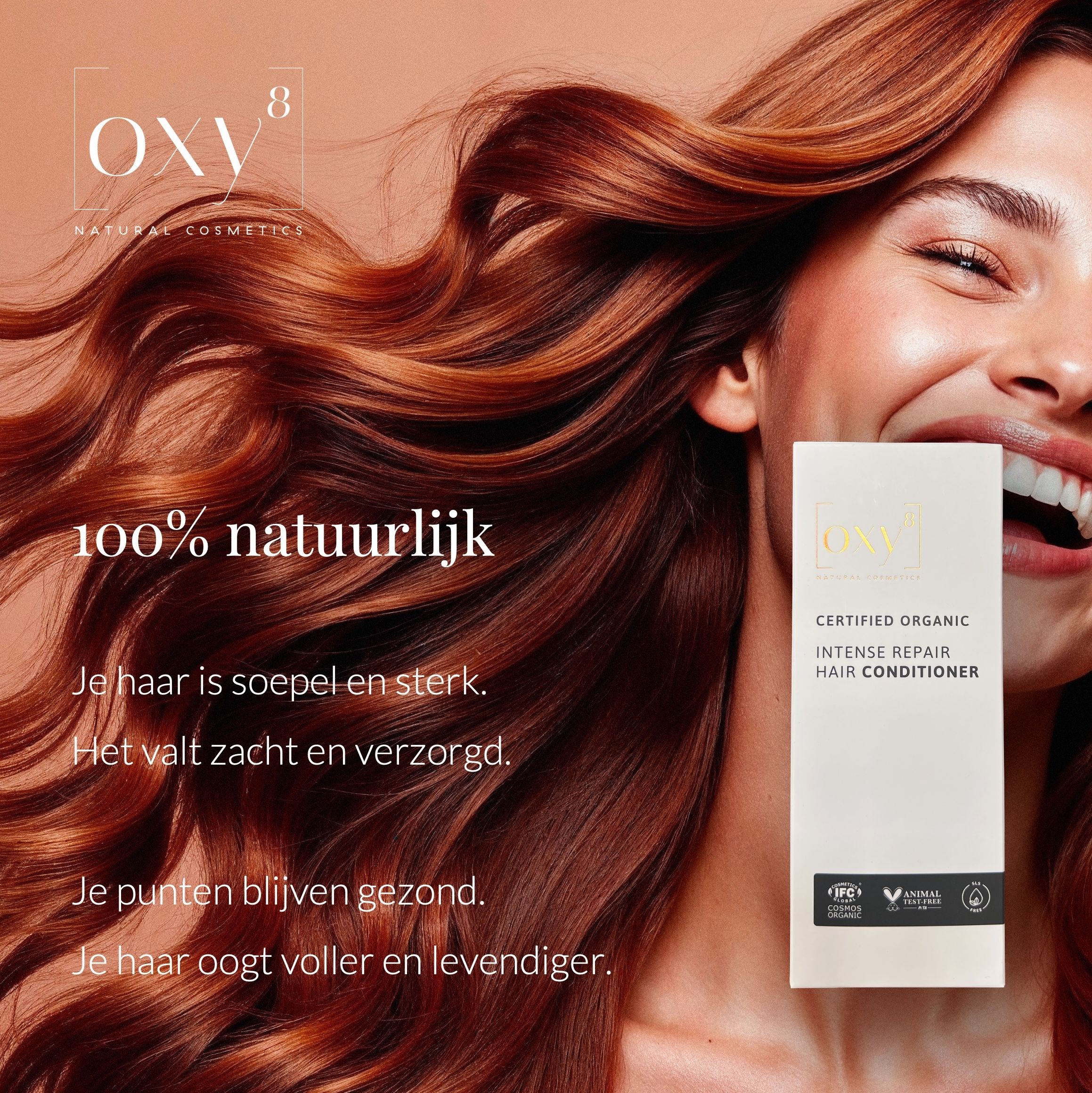 Reclame met vrouw en product. Product: "INTENSE REPAIR HAIR CONDITIONER". Tekst: "100% natuurlijk".