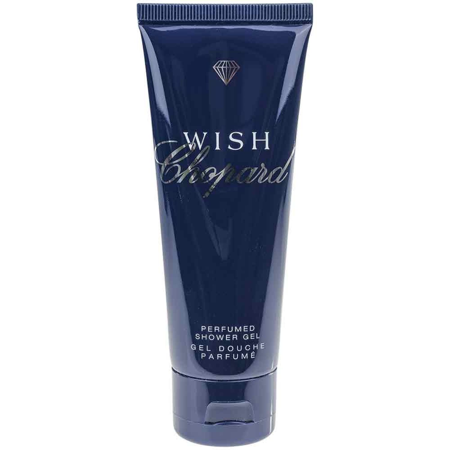 Tube bleu foncé avec inscription argentée "WISH Chopard". Symbole diamant en haut. "PERFUMED SHOWER GEL" en dessous.
